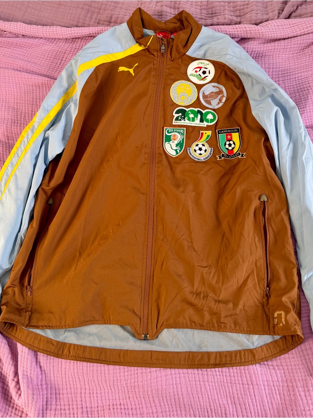 Puma Brown and Light Blue Patchwork Track Jacket with Yellow Accents